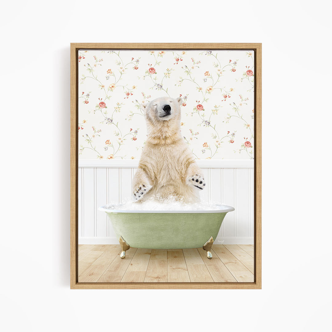 A polar bear standing in a green bathtub filled with water, with a floral wallpaper in the background.