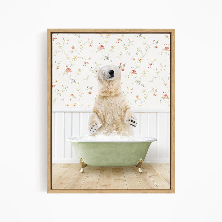 A polar bear standing in a green bathtub filled with water, with a floral wallpaper in the background.