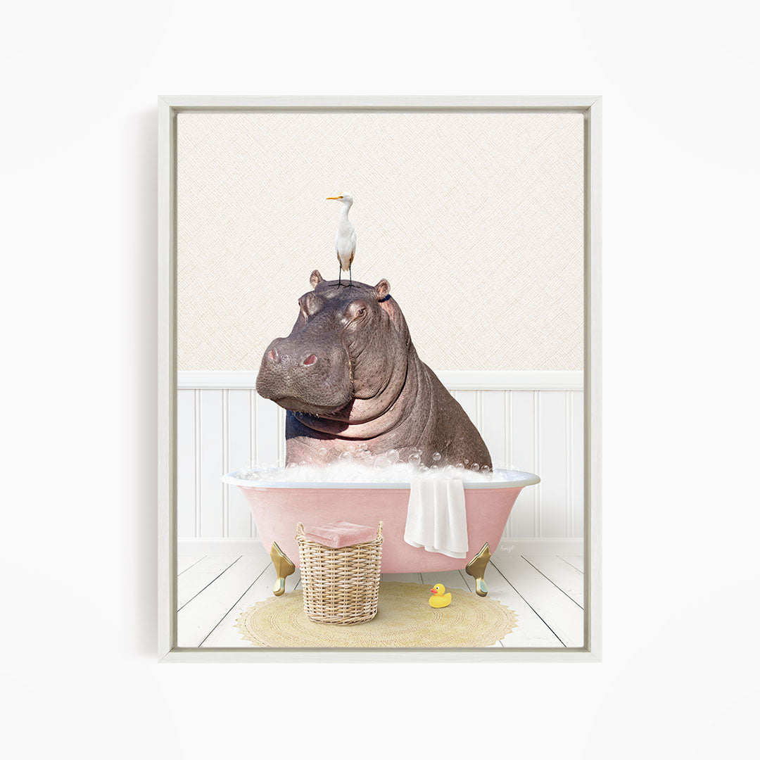 A hippopotamus sitting in a pink bathtub, with a bird perched on its head, and a yellow rubber duck nearby.