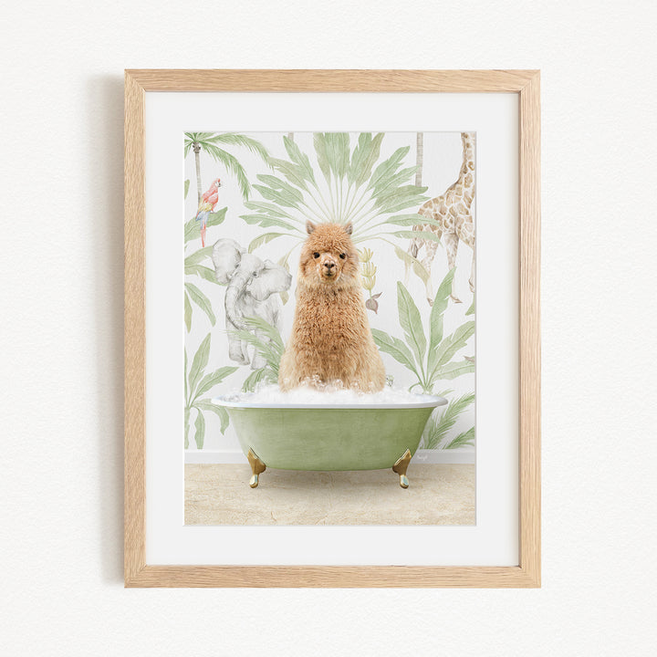A small brown dog is sitting in a green bathtub, surrounded by a tropical wallpaper with various animals and plants.