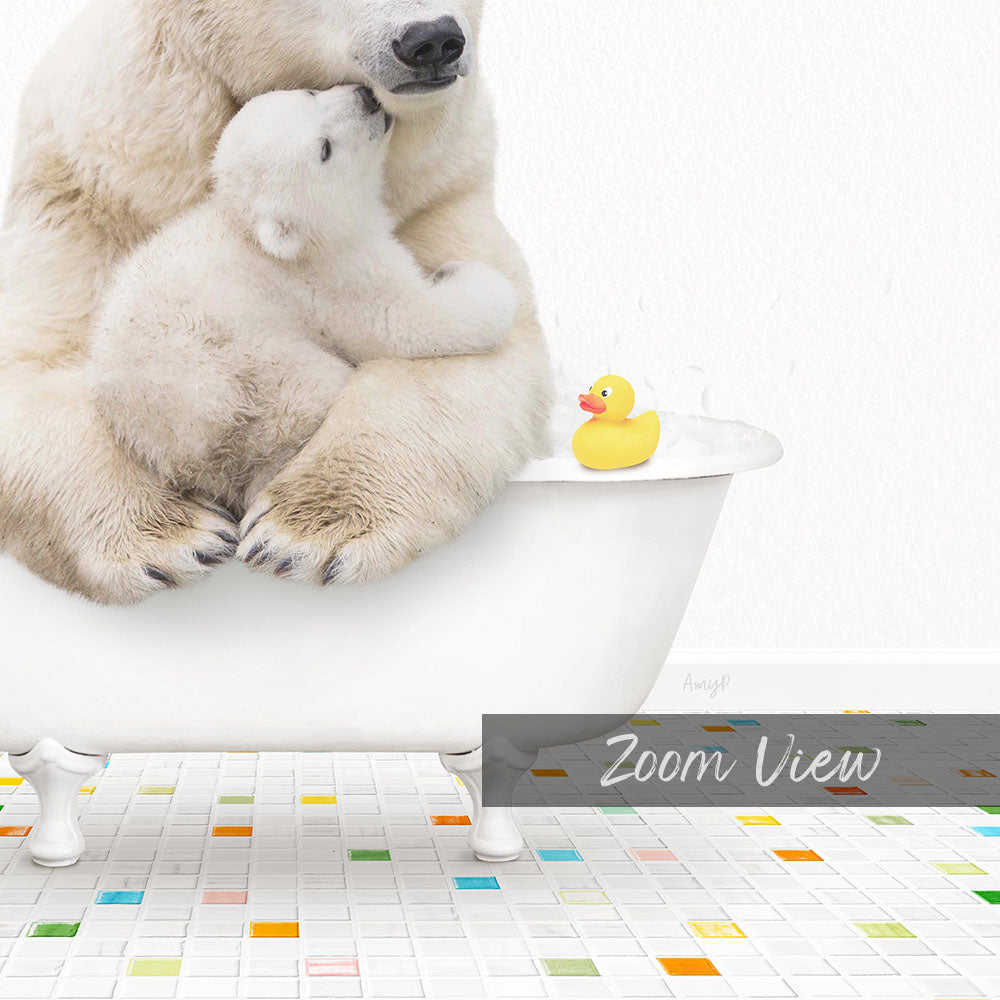 A mother polar bear and her cub cuddling in a bathtub, with a rubber duck floating nearby, and a colorful tiled floor in the foreground.