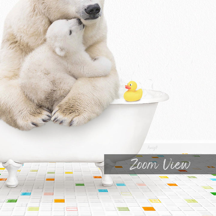 A mother polar bear and her cub cuddling in a bathtub, with a rubber duck floating nearby, and a colorful tiled floor in the foreground.