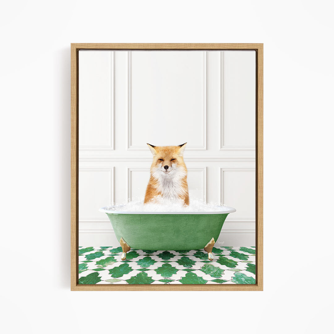 A red fox sitting in a green bathtub filled with water, with a white wall and green and white patterned floor in the background.