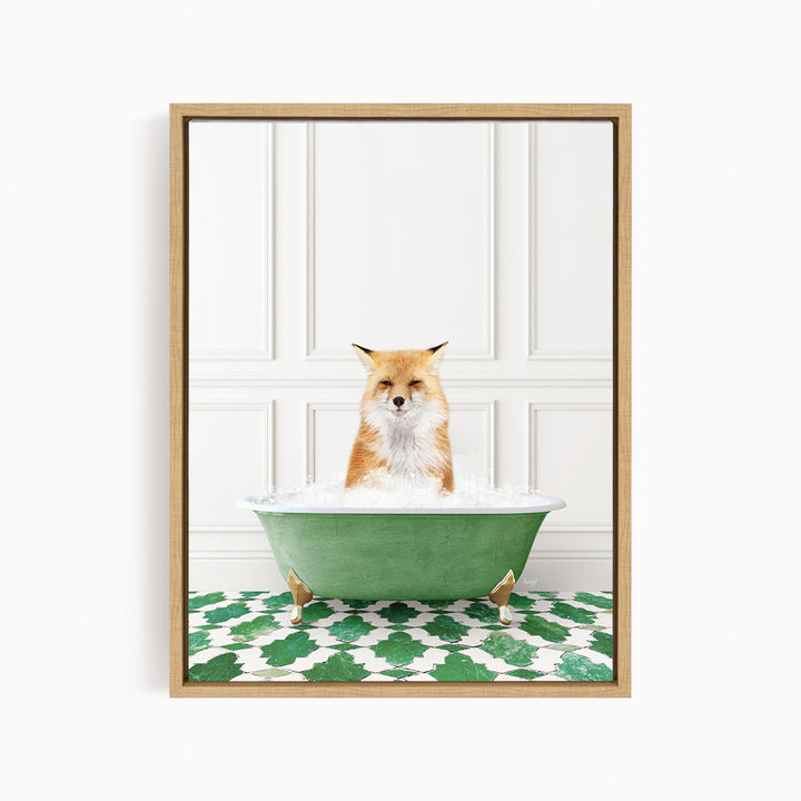 A red fox sitting in a green bathtub filled with water, with a white wall and green and white patterned floor in the background.
