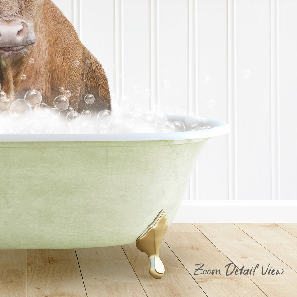 A brown cow is standing in a green bathtub filled with bubbles, creating a whimsical and playful scene.