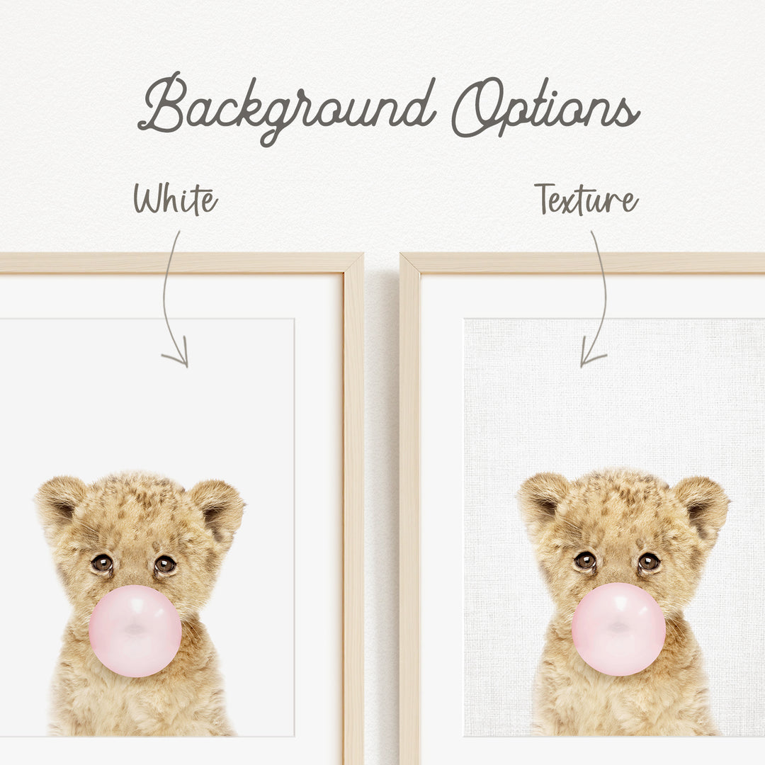 a cute teddy bear blowing a bubble with a pink bubblegum bubble.