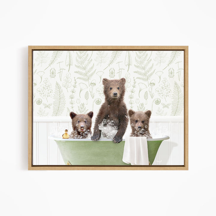Three adorable brown bears enjoying a relaxing bath in a green tub, surrounded by a whimsical, nature-inspired wallpaper.