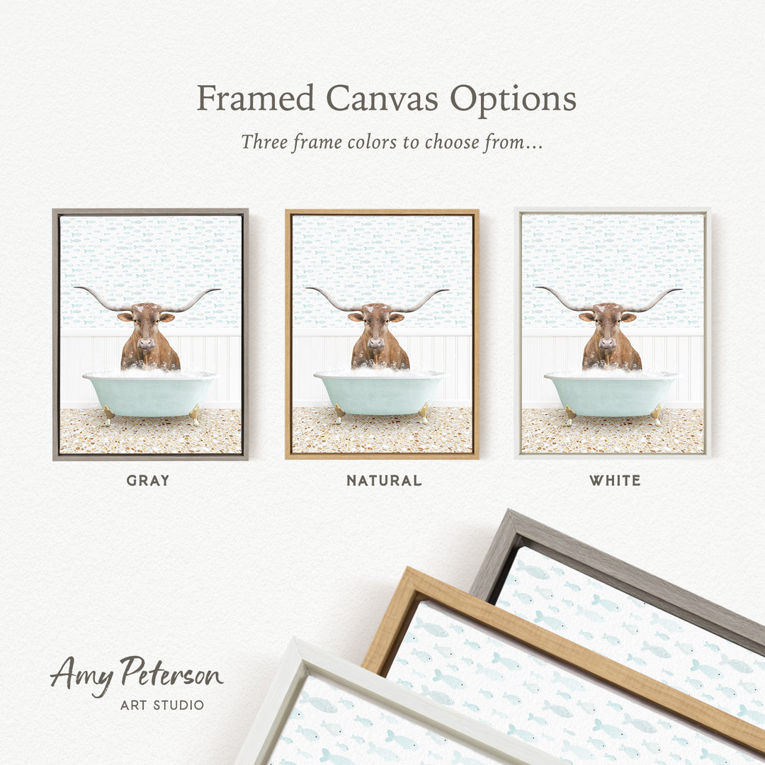 three framed canvas options featuring a longhorn cow sitting in a bathtub, with each option having a different frame color: gray, natural, and white.