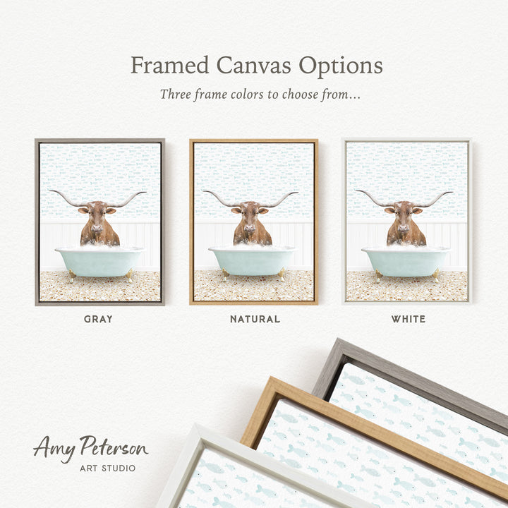 three framed canvas options featuring a longhorn cow sitting in a bathtub, with each option having a different frame color: gray, natural, and white.
