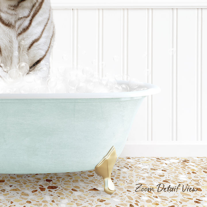 A white and brown striped cat is standing in a light blue bathtub filled with bubbles, with a text overlay that reads "Zoom Detail View".