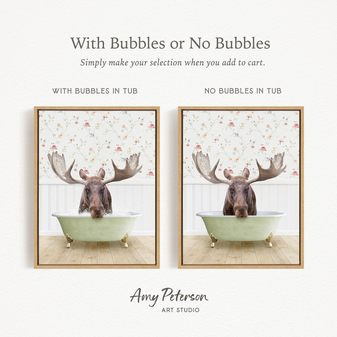 The image is a collage of two framed pictures, each featuring a moose in a bathtub. The moose in the bathtub has large antlers, and the other moose in the bathtub does not have antlers. The collage is titled "With Bubbles or No Bubbles" and is created by Amy Peterson from Art Studio.