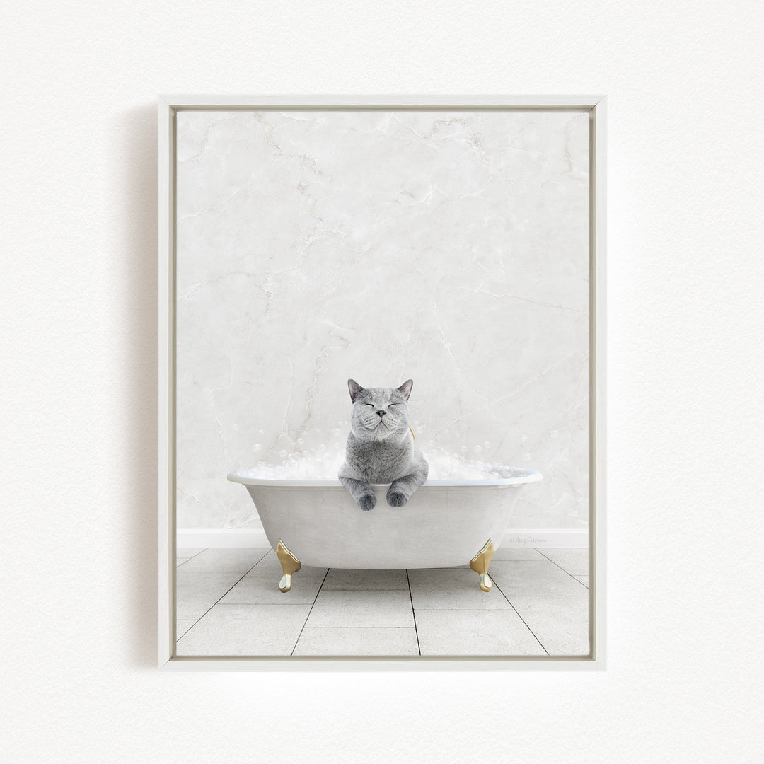 A gray cat sitting in a white bathtub, with its eyes closed, against a white marble wall.