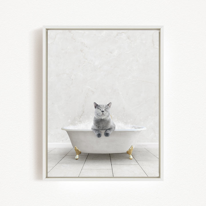 A gray cat sitting in a white bathtub, with its eyes closed, against a white marble wall.