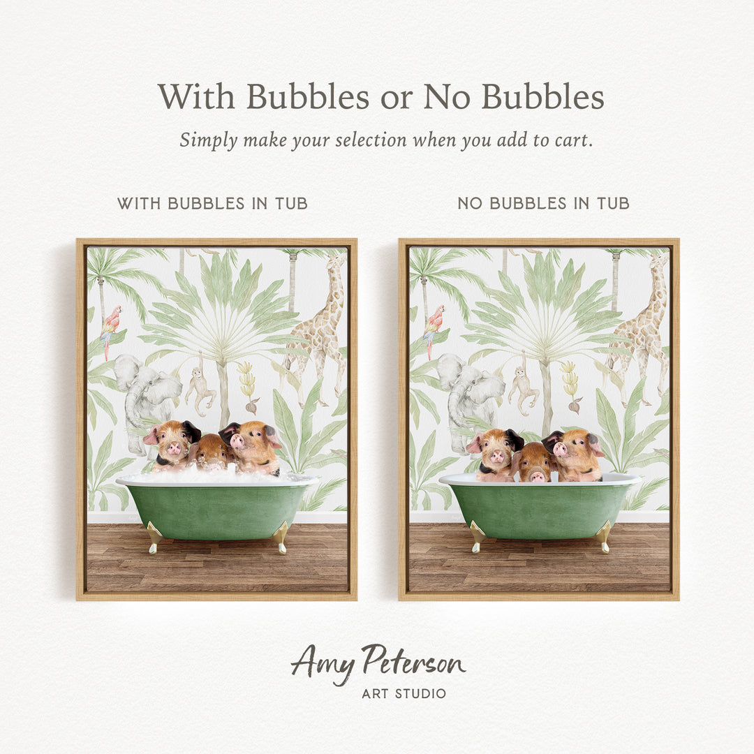 The image is a collage of two framed pictures, each depicting a group of small animals, such as hamsters or guinea pigs, sitting in a green bathtub. The text above the images reads "With Bubbles or No Bubbles" and below the images, it says "Simply make your selection when you add to cart." The artist's name, Amy Peterson, is mentioned at the bottom of the image.