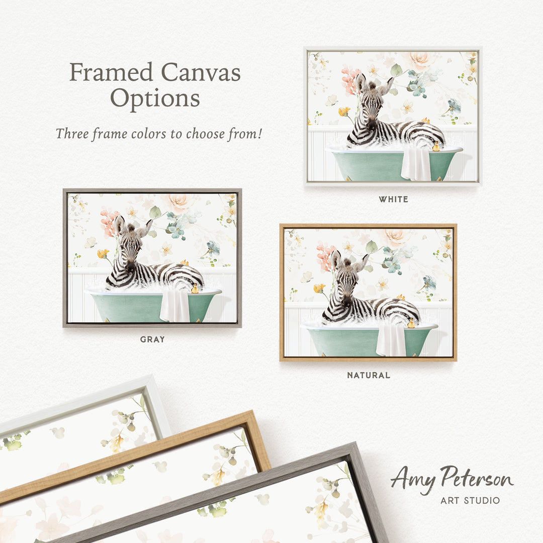 The image is a framed canvas with three different options for the color of the frame: white, gray, and natural. The canvas features a zebra sitting in a bathtub, surrounded by flowers.