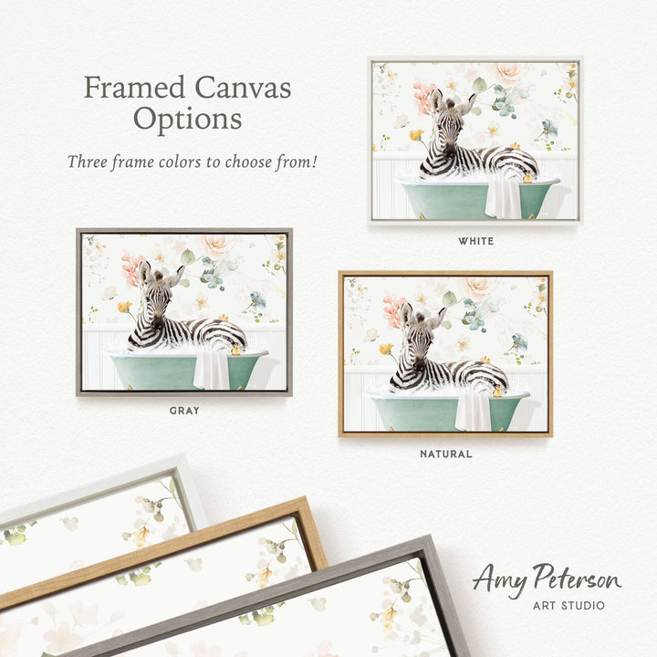 The image is a framed canvas with three different options for the color of the frame: white, gray, and natural. The canvas features a zebra sitting in a bathtub, surrounded by flowers.