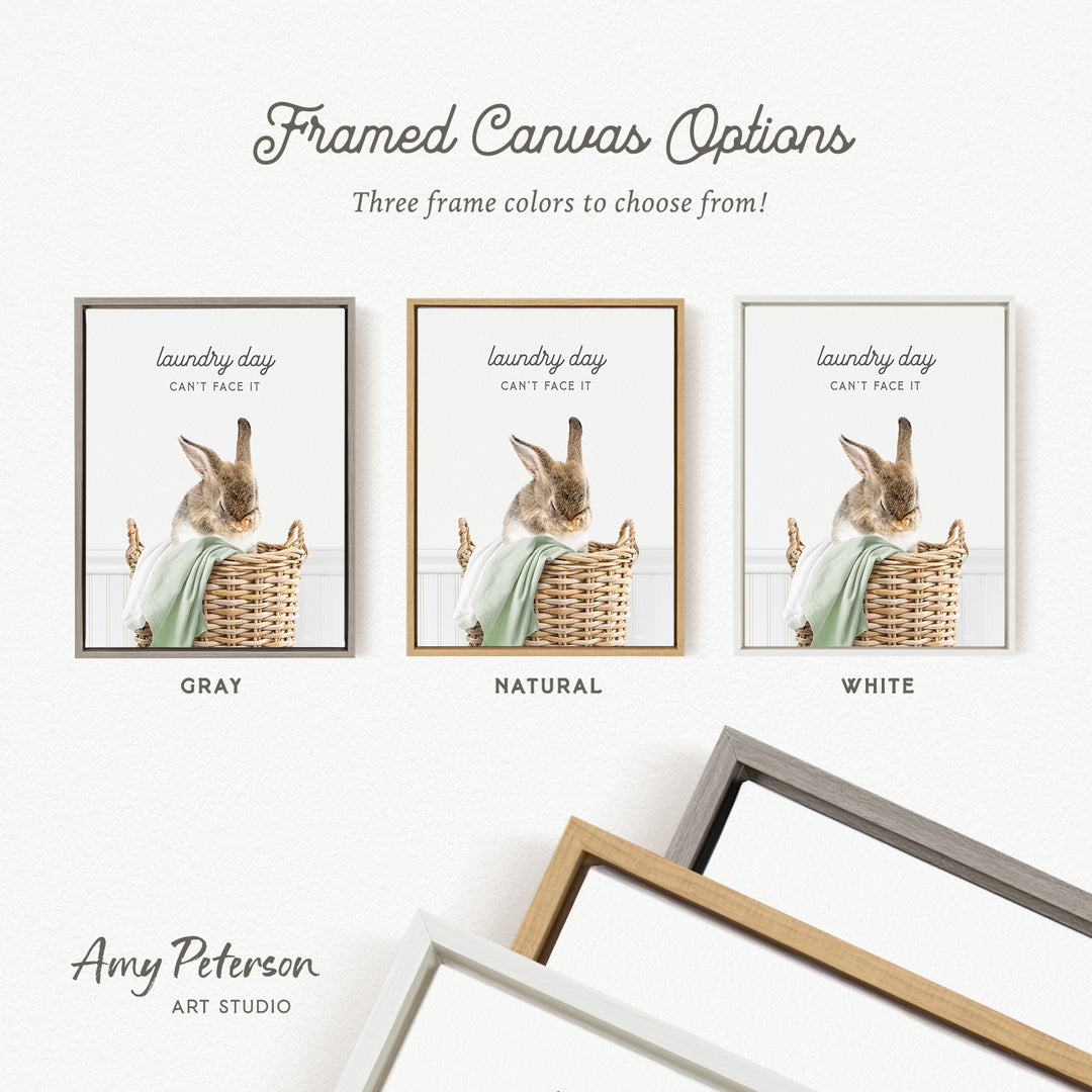three framed canvas options, each featuring a picture of a rabbit in a basket. The options include a gray frame, a natural frame, and a white frame. The text above the options reads "framed Canvas Options" and "Three frame colors to choose from!".