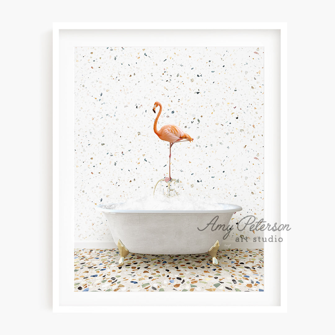 a pink flamingo standing on top of a bathtub