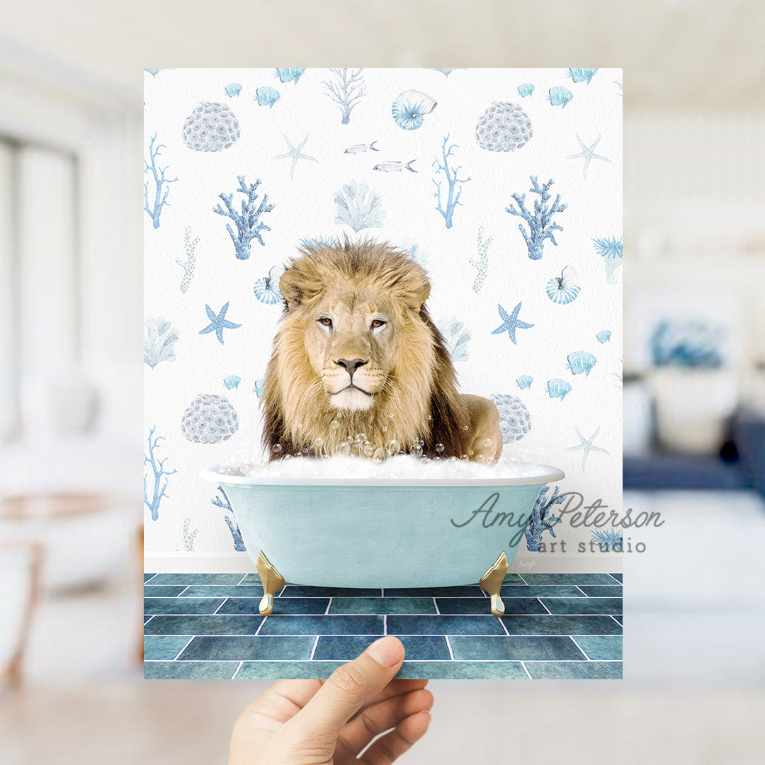 a hand holding a card with a lion in a bathtub