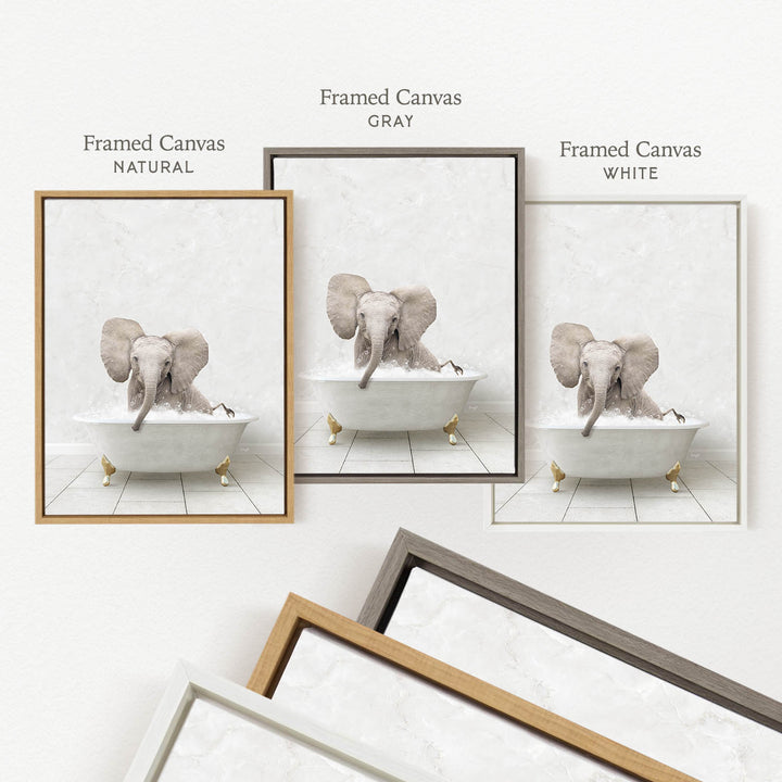 a baby elephant sitting in a bathtub, surrounded by three framed pictures of the same scene in different color schemes.