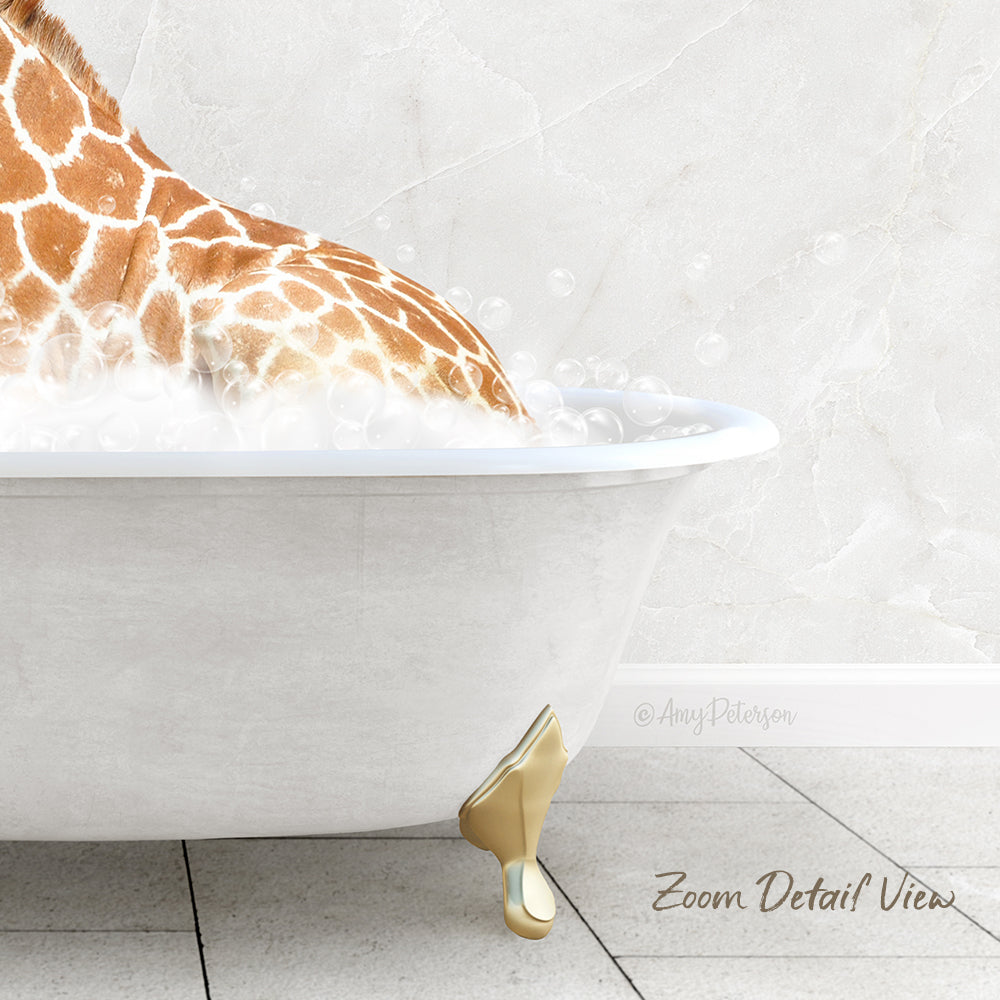 A giraffe is sitting in a white bathtub filled with bubbles, creating a whimsical and playful scene.