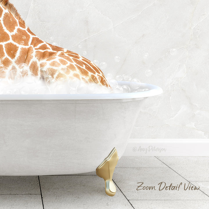 A giraffe is sitting in a white bathtub filled with bubbles, creating a whimsical and playful scene.