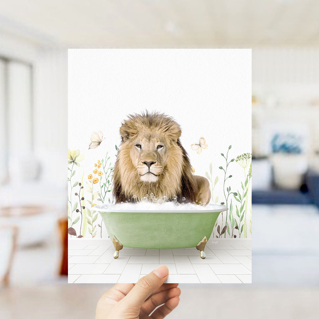 A lion is sitting in a green bathtub filled with bubbles, surrounded by flowers and butterflies.