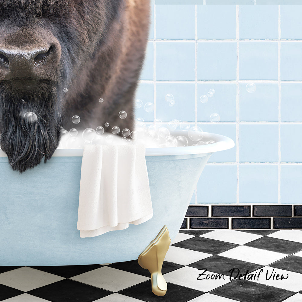 A black and white checkered floor, a white bathtub filled with bubbles, and a black and white checkered tile wall. A black and white checkered floor is also visible.