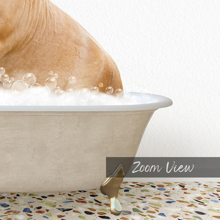 A bathtub filled with bubbles, with a dog standing in it.