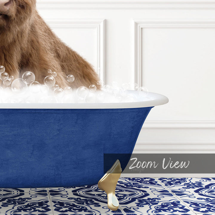 A brown dog is sitting in a blue bathtub filled with bubbles, with a white wall and a patterned tile floor in the background.