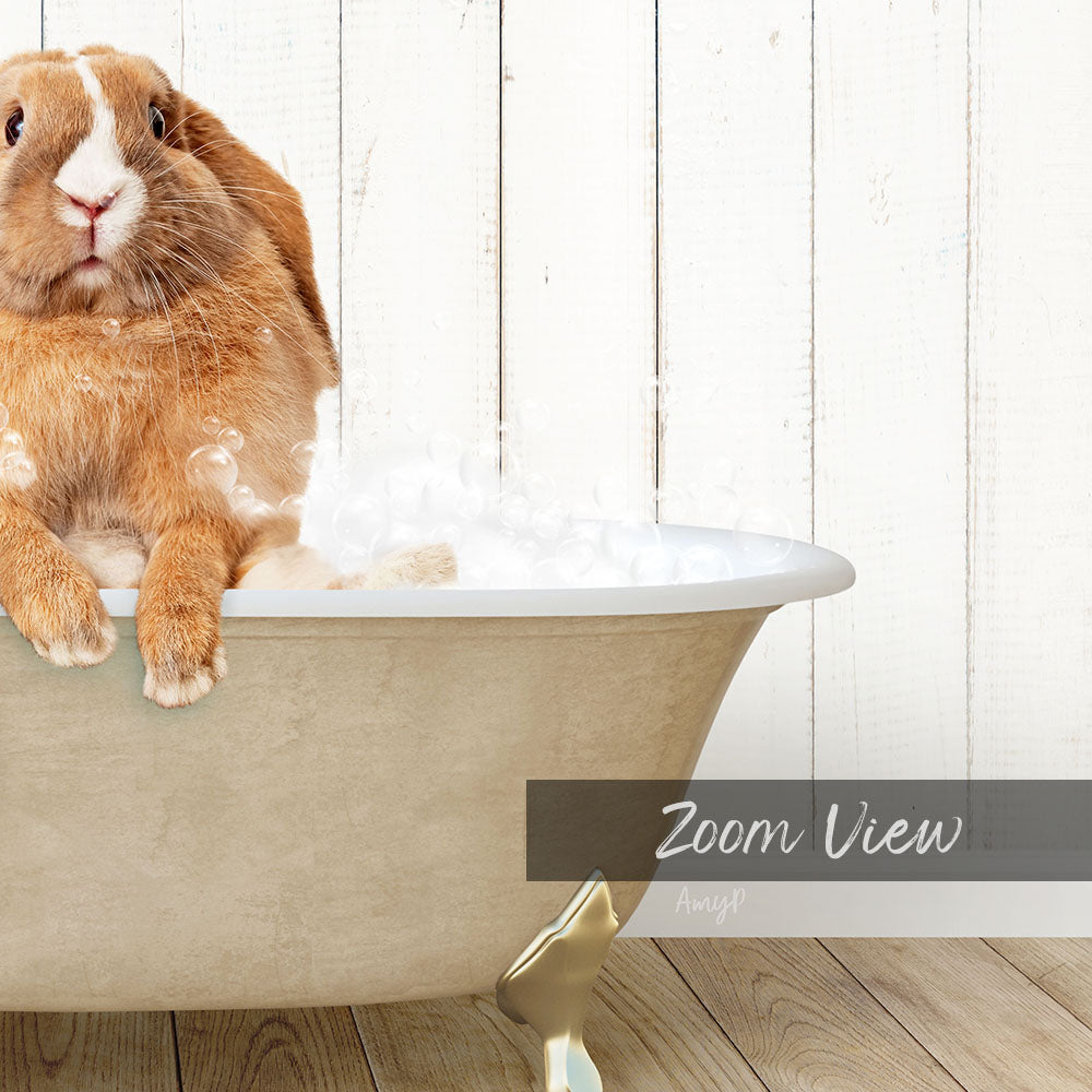 A brown rabbit sitting in a bathtub filled with water, with a wooden background.