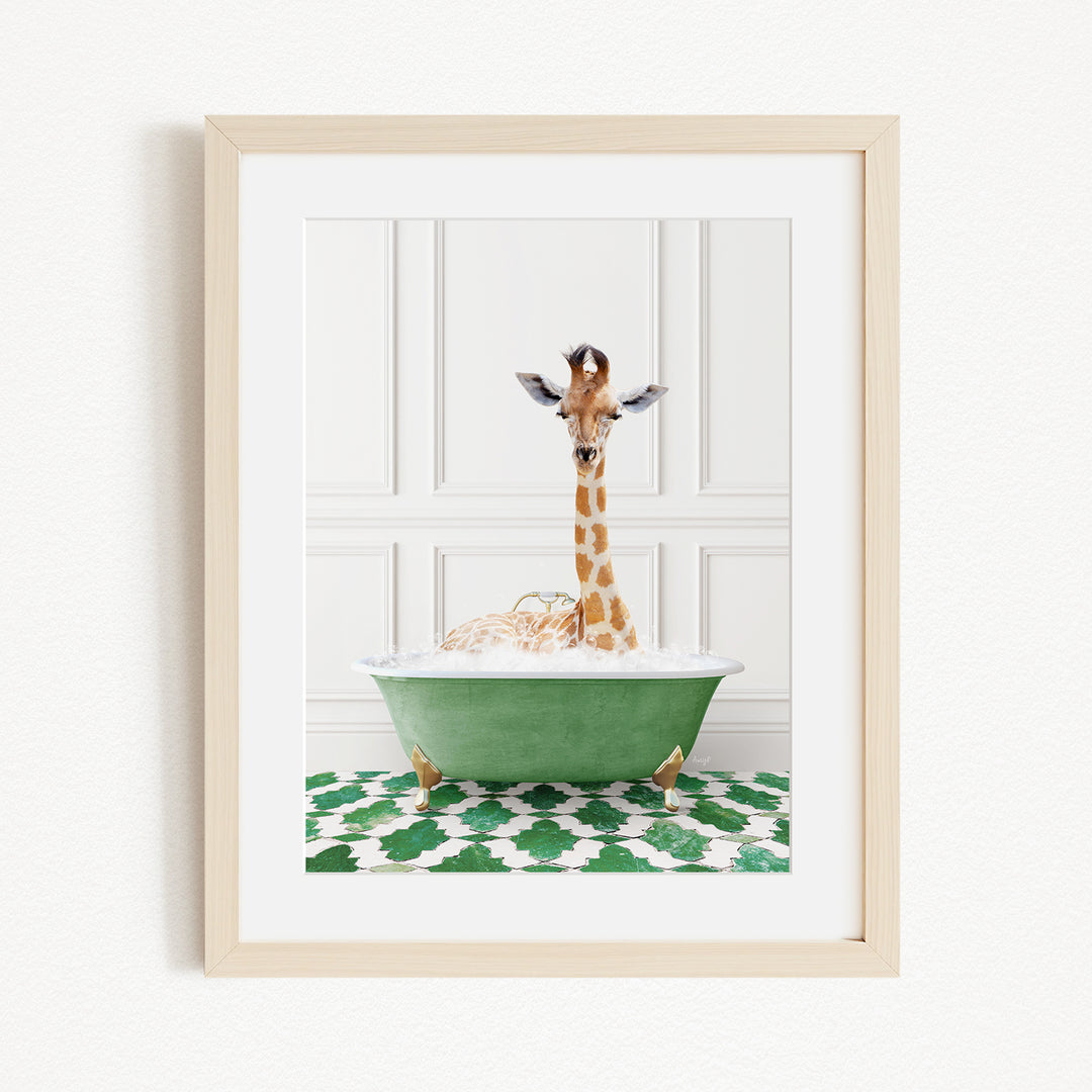 A giraffe standing in a green bathtub filled with bubbles, creating a whimsical and playful scene.