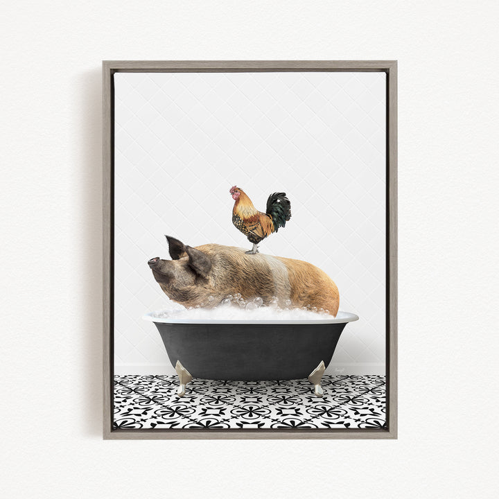 A rooster sits atop a pig in a bathtub, creating a whimsical and amusing scene.