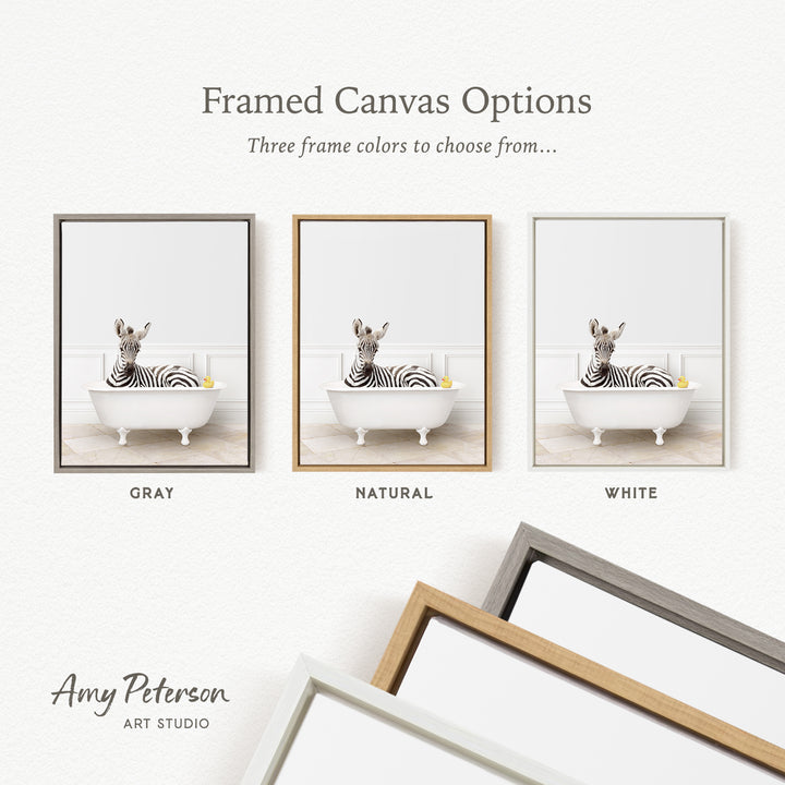 three framed canvas options, each featuring a zebra sitting in a bathtub. The options include a gray frame, a natural frame, and a white frame.