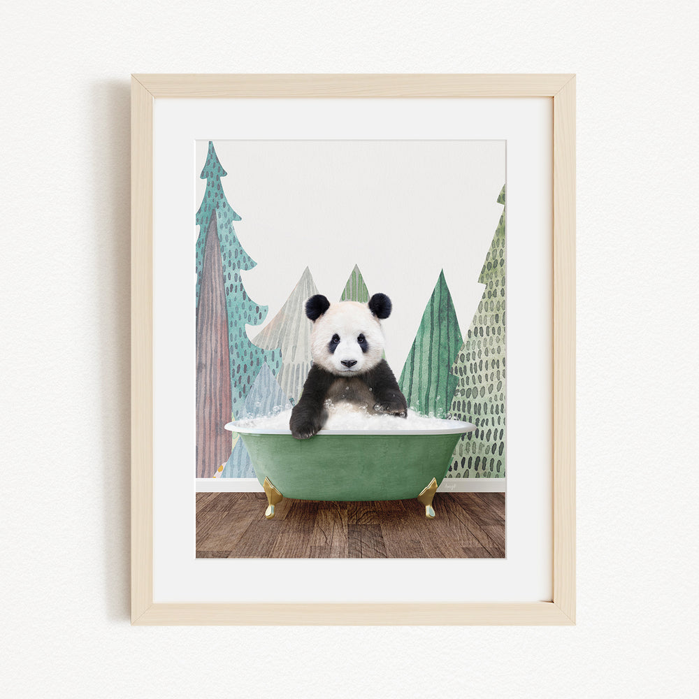A panda bear sitting in a green bathtub, surrounded by a forest-themed background.