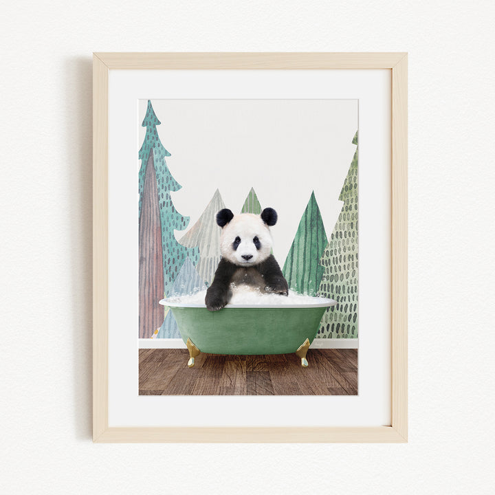 A panda bear sitting in a green bathtub, surrounded by a forest-themed background.