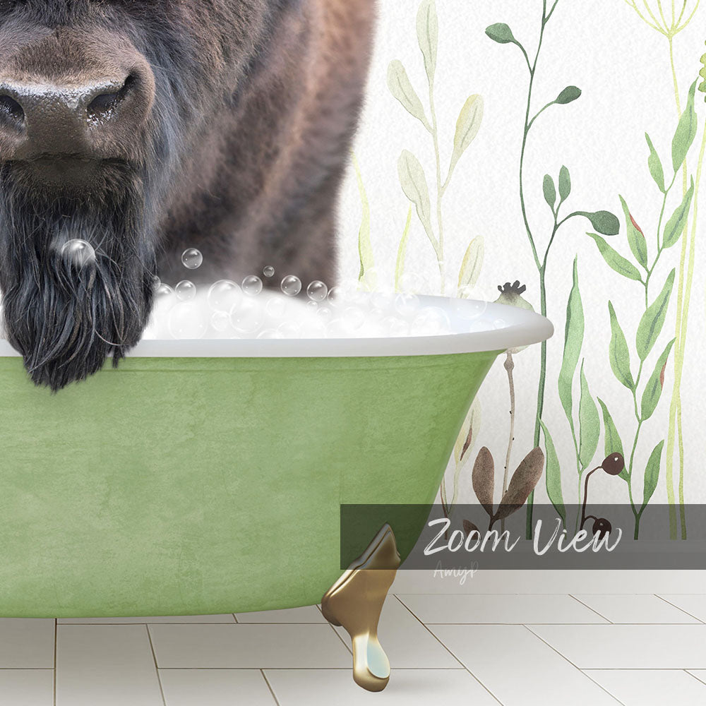 A close-up of a dog's face peeking out of a green bathtub filled with bubbles, with a plant-themed background.