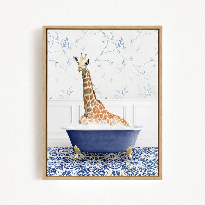 A giraffe is sitting in a blue bathtub, surrounded by a blue and white patterned rug on the floor.