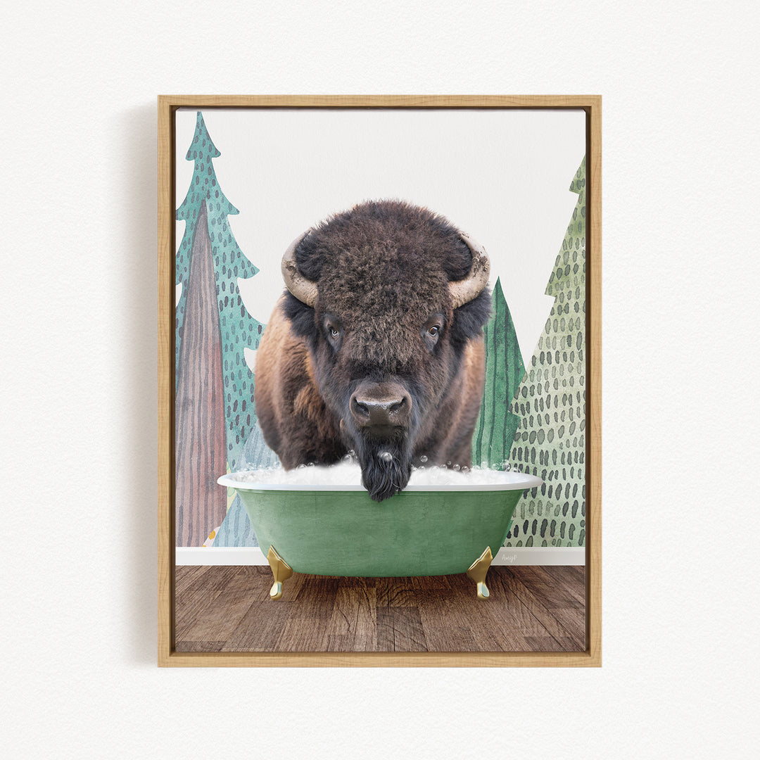 A large bison with a long beard is standing in a green bathtub, surrounded by trees and a forest-like background.