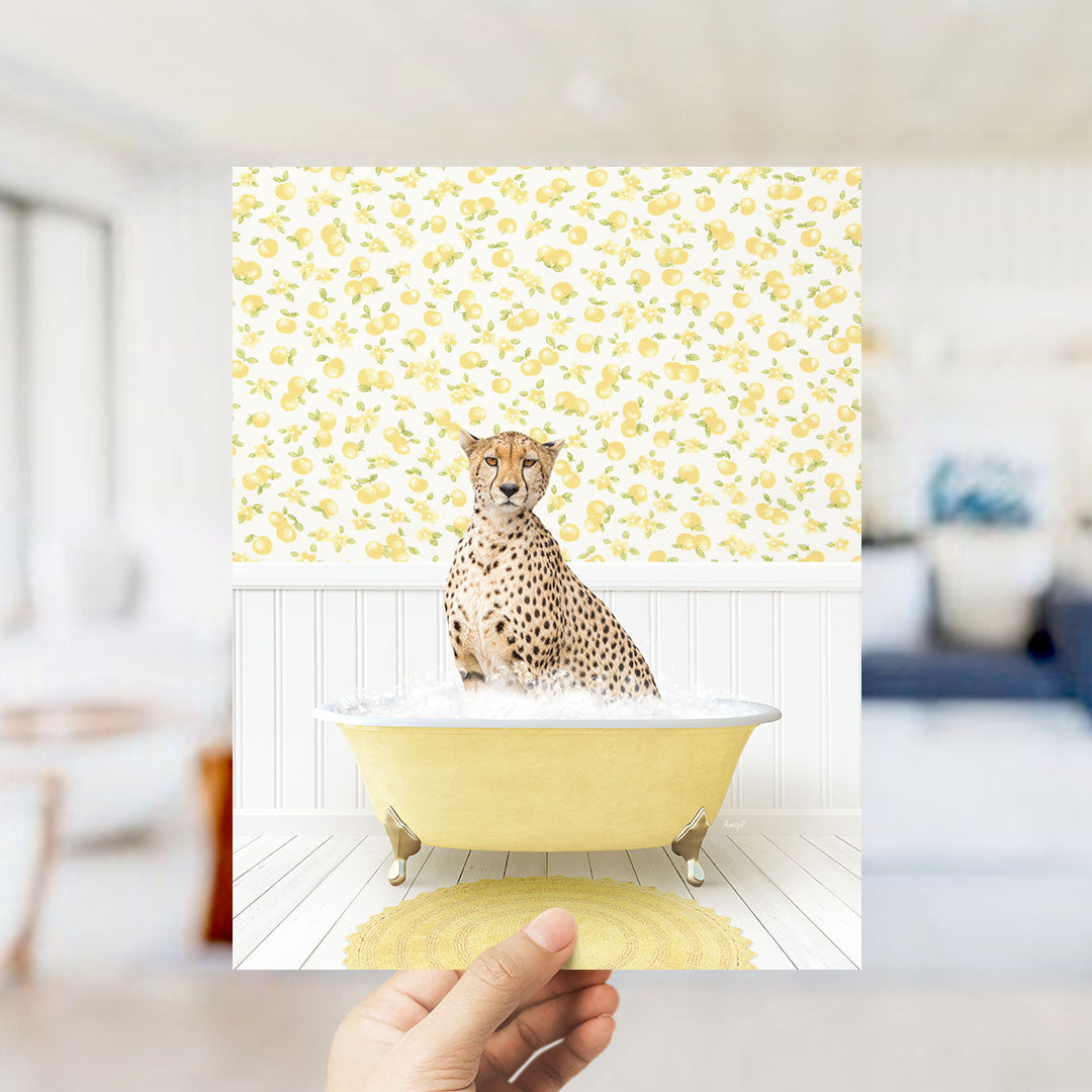 A cheetah sitting in a yellow bathtub filled with water, surrounded by a yellow and white patterned wall.