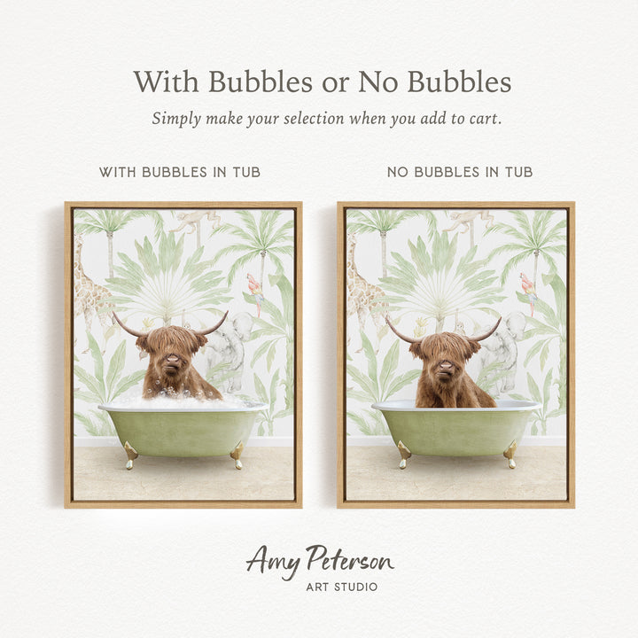 The image is a collage of two framed pictures, each depicting a brown cow sitting in a green bathtub. The cow in the left picture has bubbles in the tub, while the cow in the right picture does not have bubbles. The collage is titled "With Bubbles or No Bubbles" and is created by Amy Peterson from Art Studio.
