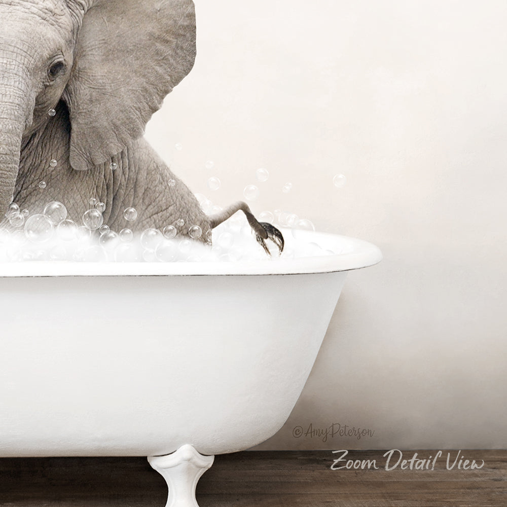 A gray elephant is sitting in a white bathtub filled with bubbles, creating a whimsical and playful scene.