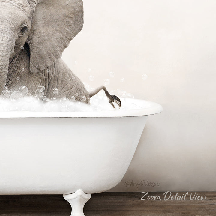A gray elephant is sitting in a white bathtub filled with bubbles, creating a whimsical and playful scene.