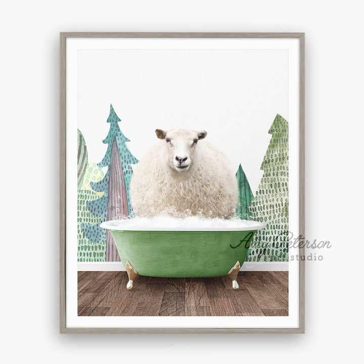 a sheep is sitting in a green bathtub