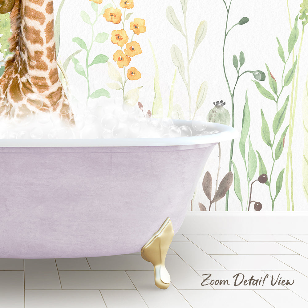 A giraffe standing in a bathtub filled with water, surrounded by a floral wallpaper.