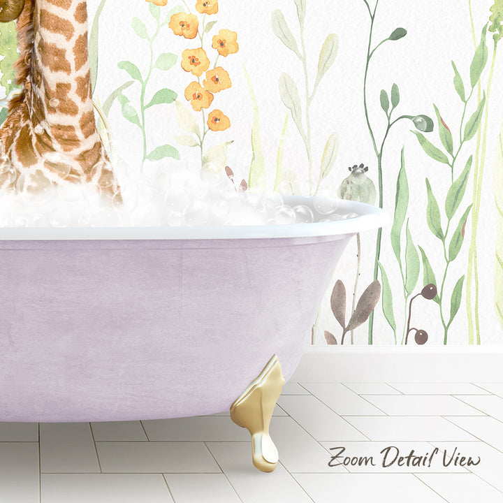 A giraffe standing in a bathtub filled with water, surrounded by a floral wallpaper.