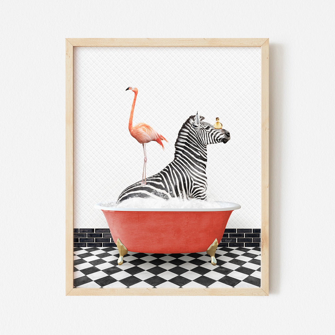 a picture of a zebra and a flamingo in a bathtub