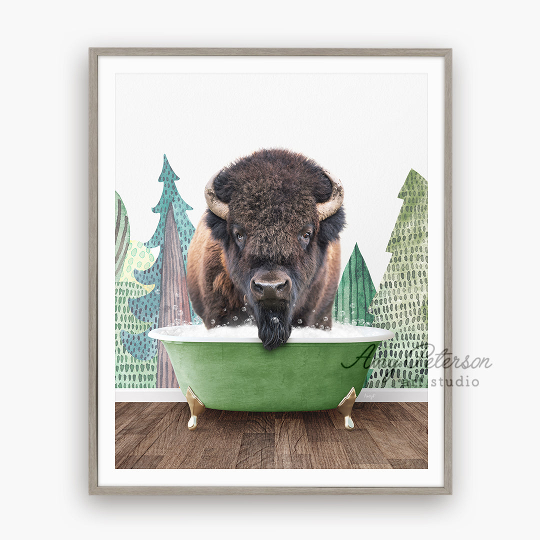 a bison is taking a bath in a green tub