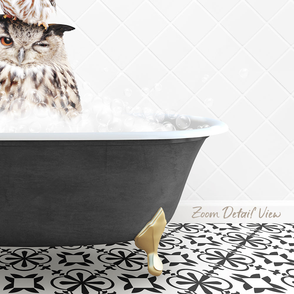 A close-up image of an owl sitting in a bathtub filled with water, with a patterned tile floor in the foreground.