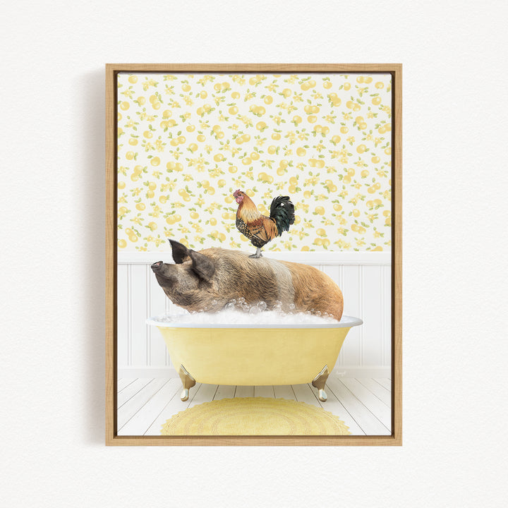 A rooster sits atop a pig lying in a yellow bathtub, both surrounded by a yellow floral patterned wall.